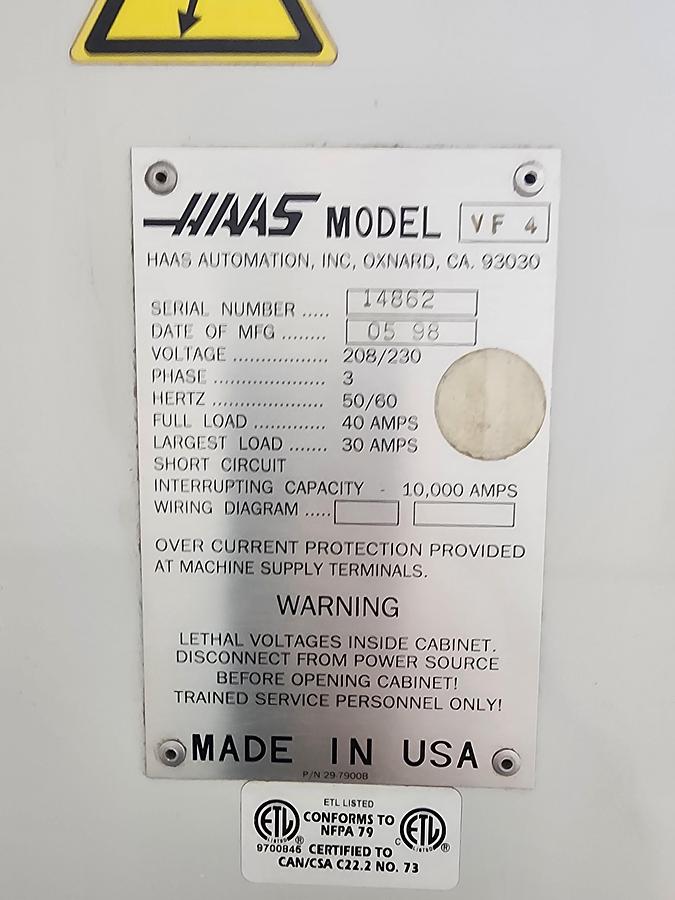 Used 1998 Haas VF4 with 4th Axis Drive & Wiring, Programmable Coolant Nozzle