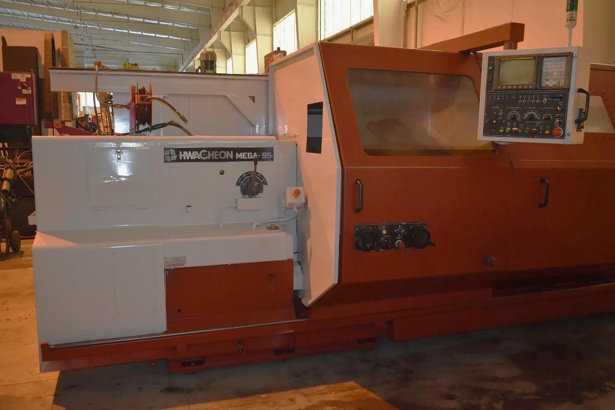 Used Hwacheon Mega 95/3000 with 48.4" Max Turn Diameter, 118" Max Length, 6" Bar Capacity, Steady Rest, Tailstock, 24" 3 Jaw Chuck