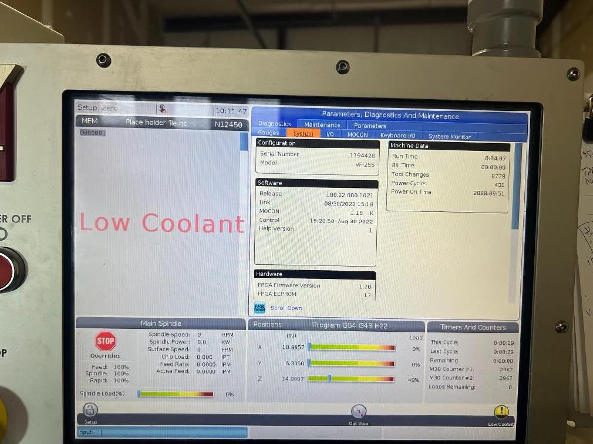 Used 2022 Haas VF-2SS w/ Haas HRT-210 Rotary Table, Probing, Coolant Through the Spindle, High Speed Machining, Auger, Pcool