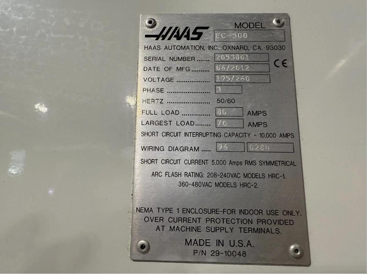 Used 2012 Haas EC-500 with 40 Pos. ATC, 1000 PSI Coolant Thru Spindle, Haas Probing Package, 1 Deg Pallet Index, 2 Pallet Changer