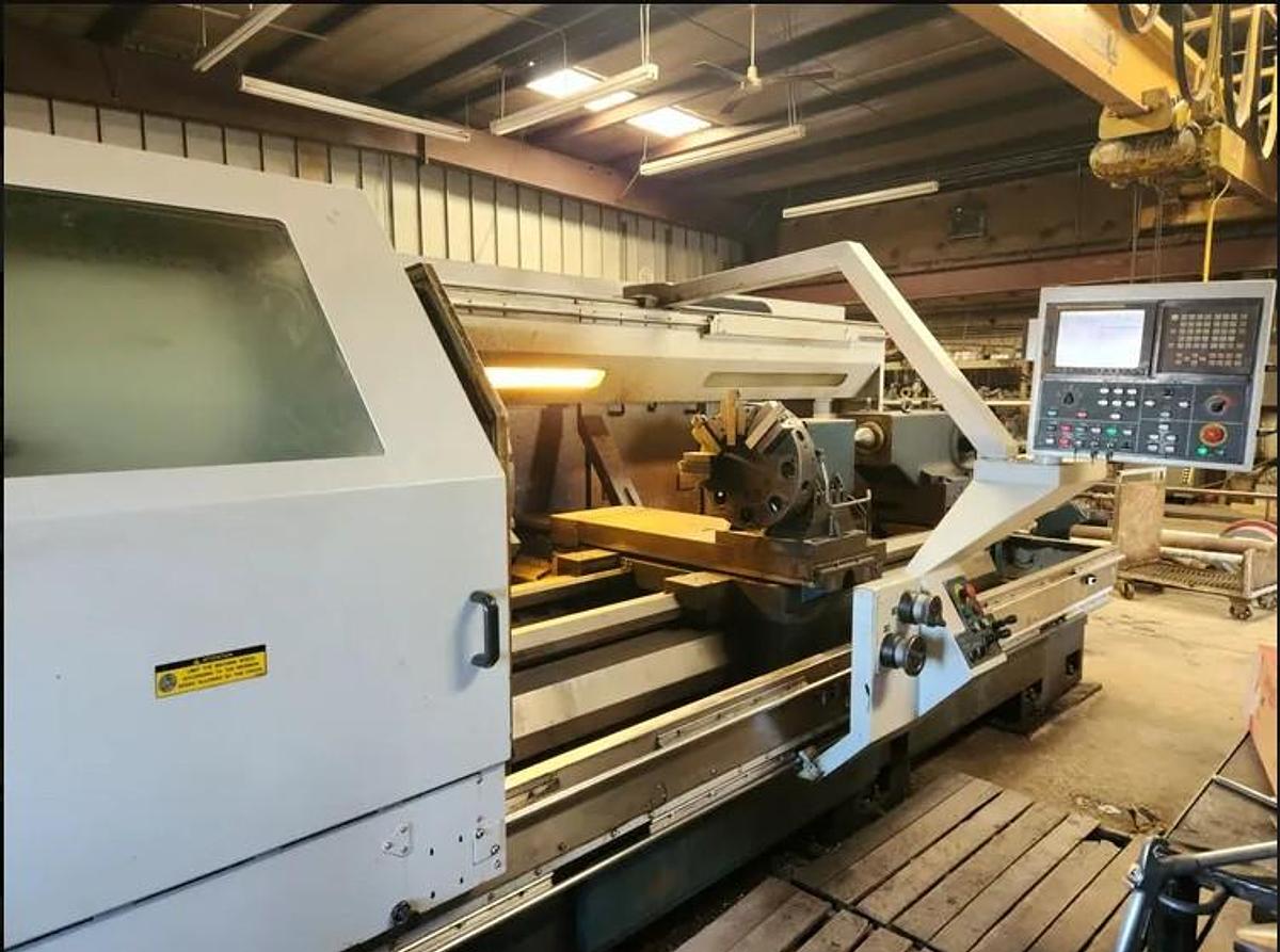 Used 2006 Romi M33 x 80" Oilfield Type Hollow Spindle Lathe with 10.5" Bore, Steady Rest, Chip Conveyor, Tailstock