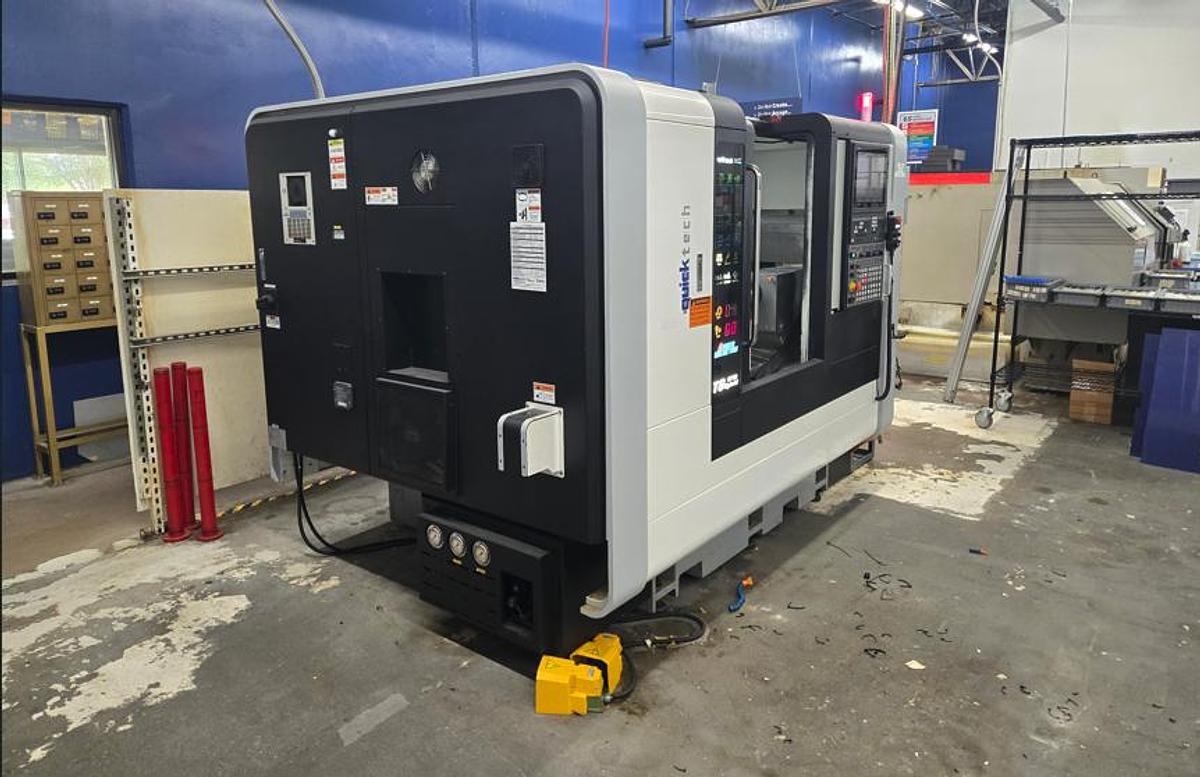 Used 2022 Quicktech T8 Hybrid 9 Axis Lathe with Milling/Drilling, Subspindle, Turret and Gang Slide, Barfeed, Parts Exit Conveyor, Chip Conveyor