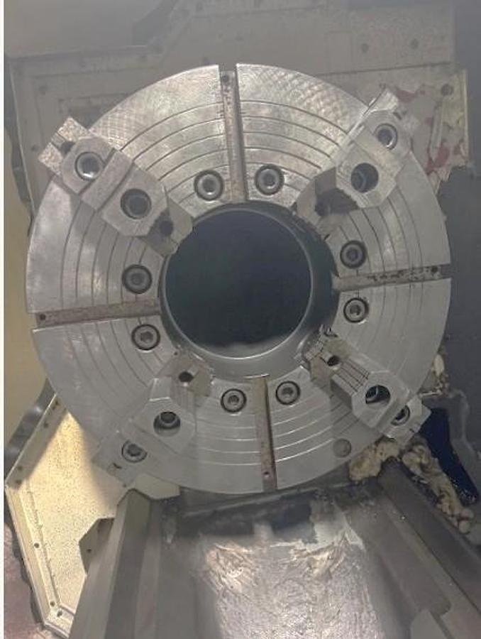 Used 2007 Mazak Powermaster 3000U  w/ 10.2" Bore, (2) 18" 4 Jaw Manual Chucks, Chip Conveyor, Tailstock