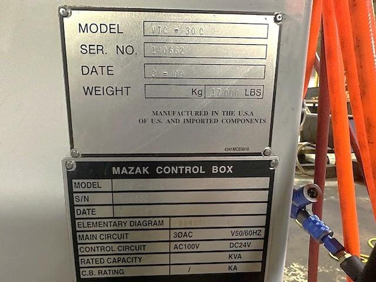 Used 1999 Mazak VTC-30C with (2) Tool Probes, Chip Conveyor, Dual Tool Changers