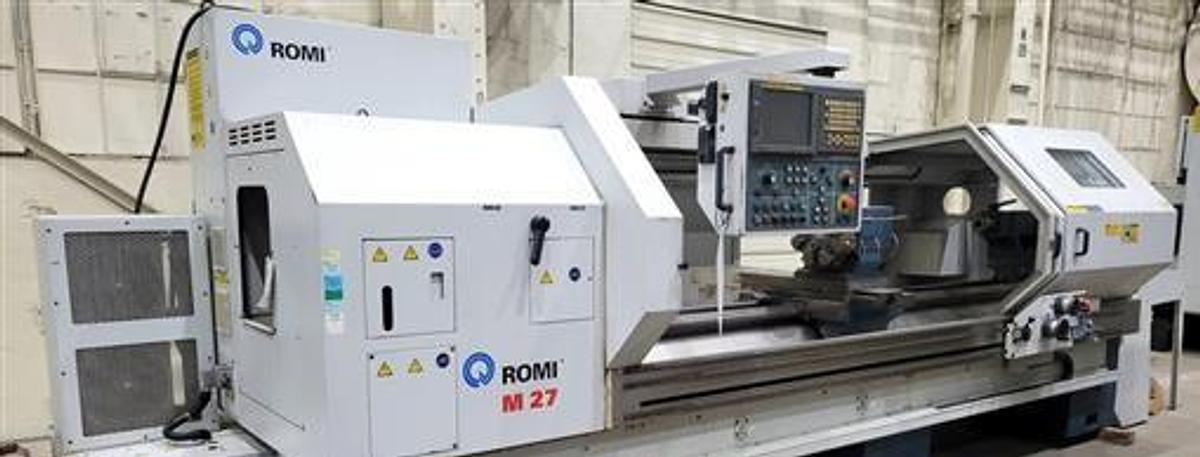 Used 2009 Romi M27 x 120" with 16" Chuck, Steady Rest, 8 Station Turret, Tailstock, 4.09" Bore