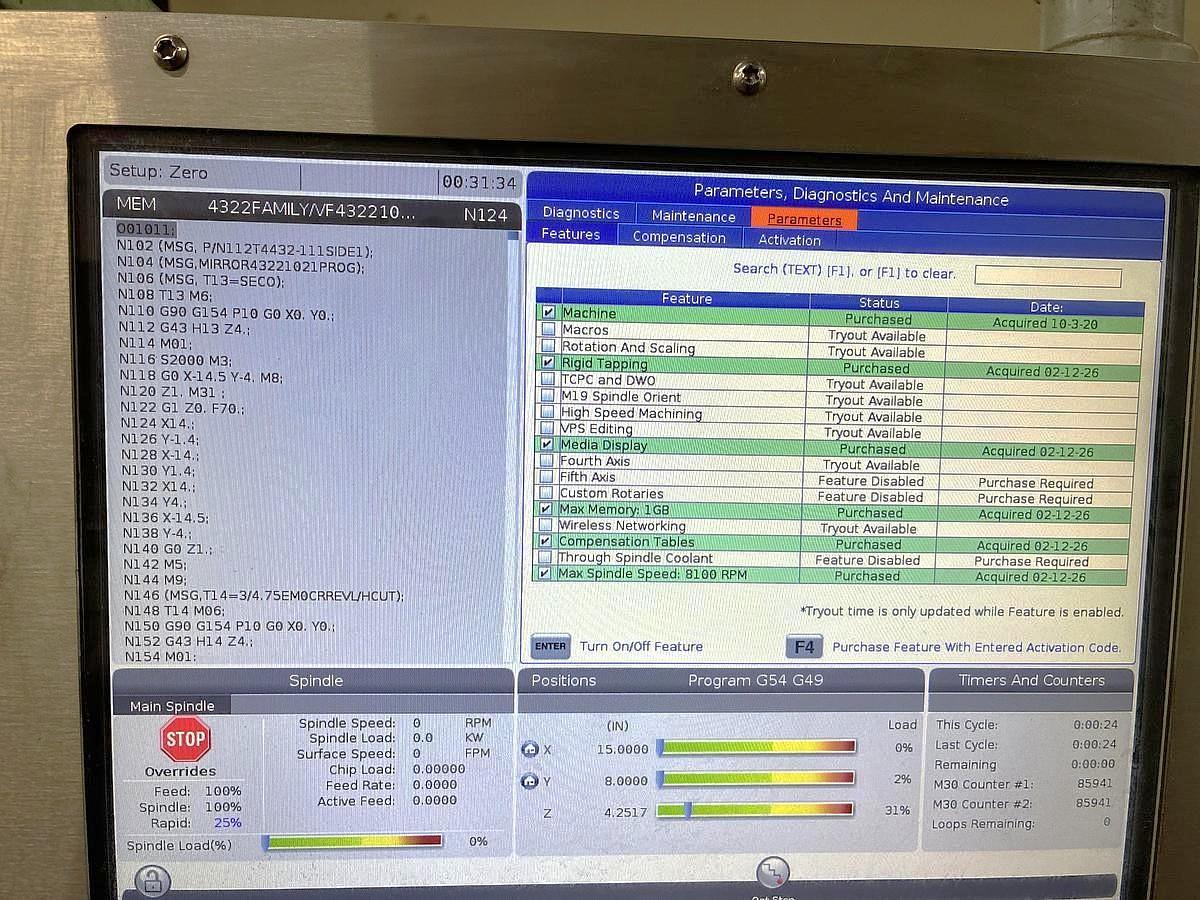 Used 2017 Haas VF2 with Chip Auger, Rigid Tapping, 8100 RPM, 20 Station Umbrella ATC, ONLY 3,429 Feed Cutting Hours !!