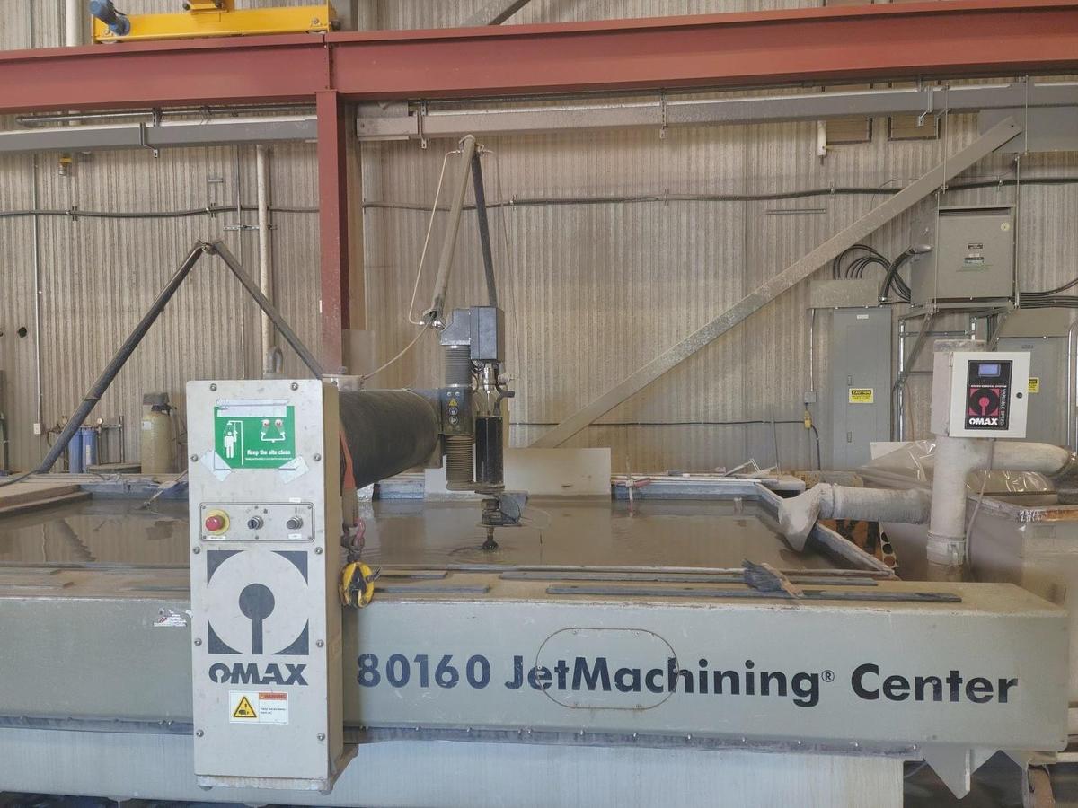 Used 2012 Omax 80160 Water Jet Cutting Machine with 50 HP Enduromax Pump, 60,000 PSI Cut Pressure, Solid Removal Syste