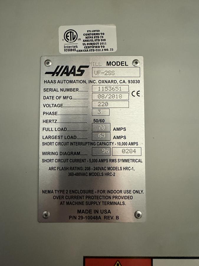 Used 2018 Haas VF2SS with Haas Probing, 30 Station ATC, Chip Auger, PCool, ONLY 1062 Cutting Hours