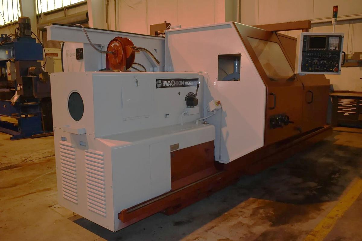 Used Hwacheon Mega 95/3000 with 48.4" Max Turn Diameter, 118" Max Length, 6" Bar Capacity, Steady Rest, Tailstock, 24" 3 Jaw Chuck