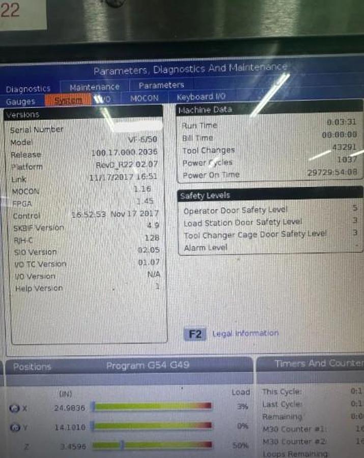 Used 2017 Haas VF-6/50 with 4th & 5th Axis Prewire, 8" Extended Z Axis Column, CT50 with (200) Toolholders,30 Pos. ATC, Chip Auger, Pcool