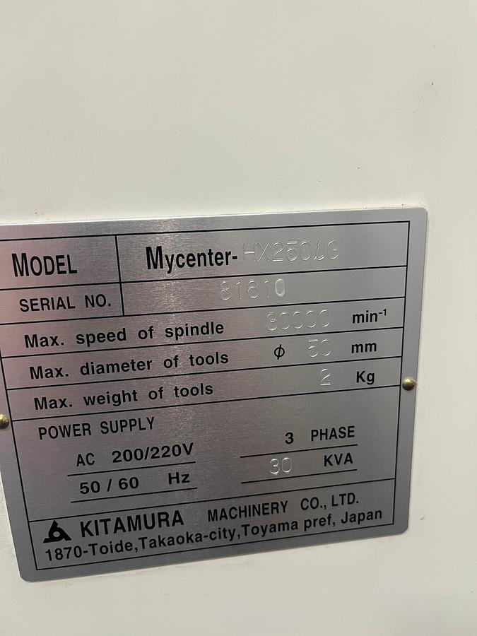 Used 2017 Kitamura HX-250iG w/ 4th Axis Rotary Table, HSK40 Taper, Probing, Coolant Thru Spindle