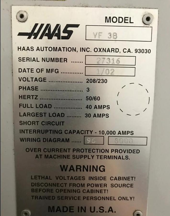 Used 2002 Haas VF-3B with 24 Station Side Mounted ATC, Chip Auger, Pcool, 2 Spd Gearbox, USB Port, 4th Axis Drive, Rigid Tapping