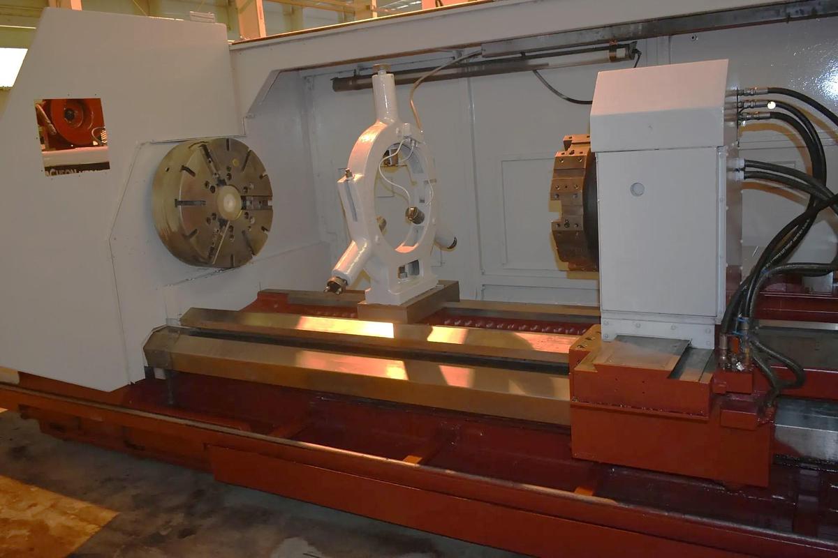 Used Hwacheon Mega 95/3000 with 48.4" Max Turn Diameter, 118" Max Length, 6" Bar Capacity, Steady Rest, Tailstock, 24" 3 Jaw Chuck