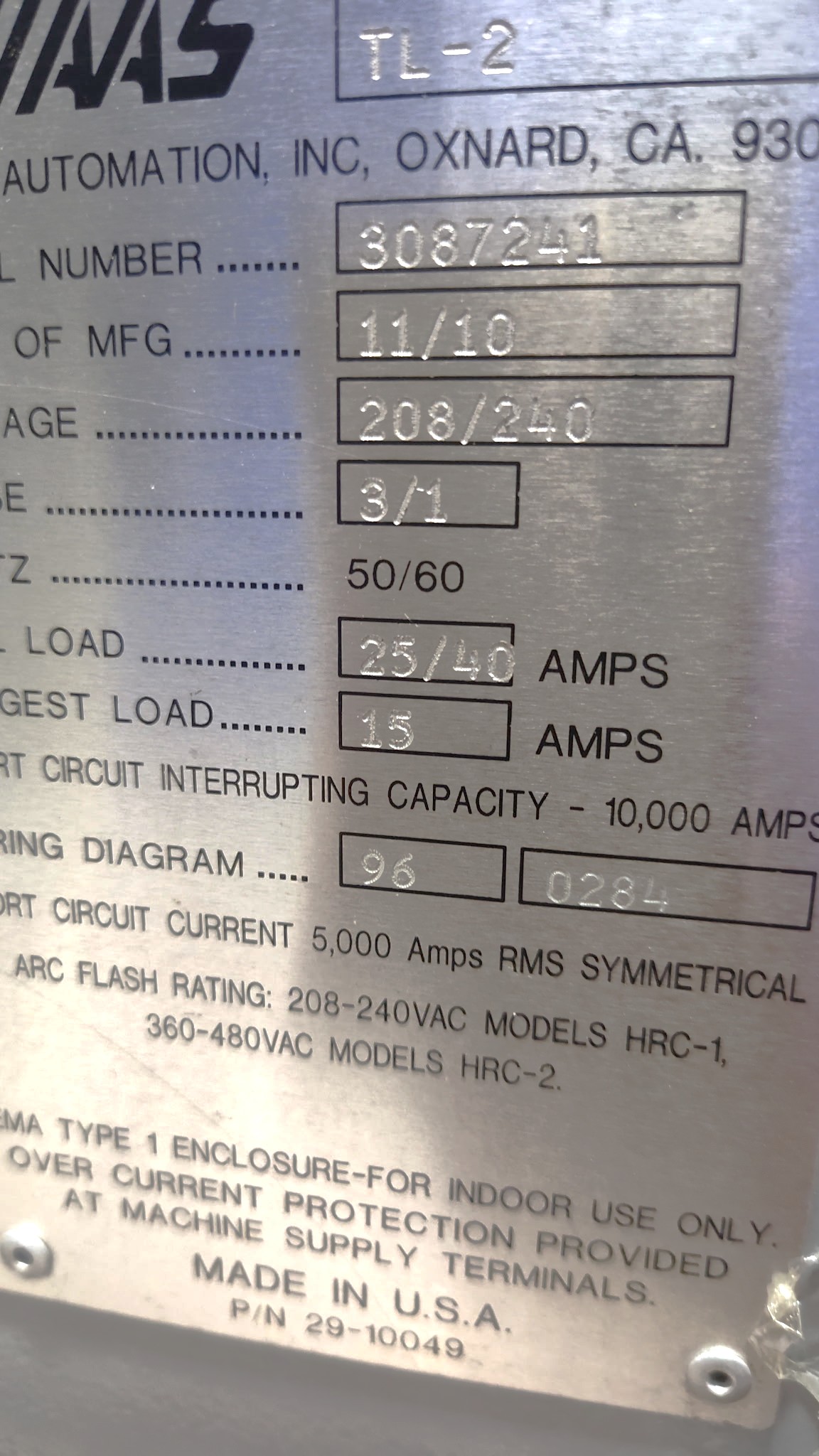 Used 2010 Haas TL-2 with 3" Bore, Steady Rest, Full Enclosure, Tailstock, Tool Post, 10" Chuck, Only 177 Feed Cut Hours