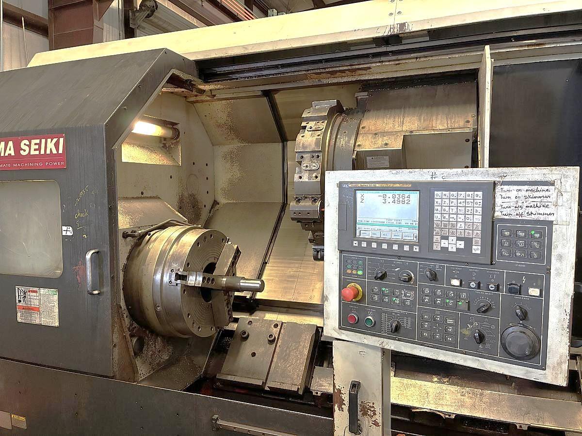 Used 2004 Yama Seiki GS-460L Heavy Duty Lathe with 24" SMW Air Chuck, 8" Bar Cap, 29" sw, 79" cc, 60 HP, Steady Rest, Chip Conveyor