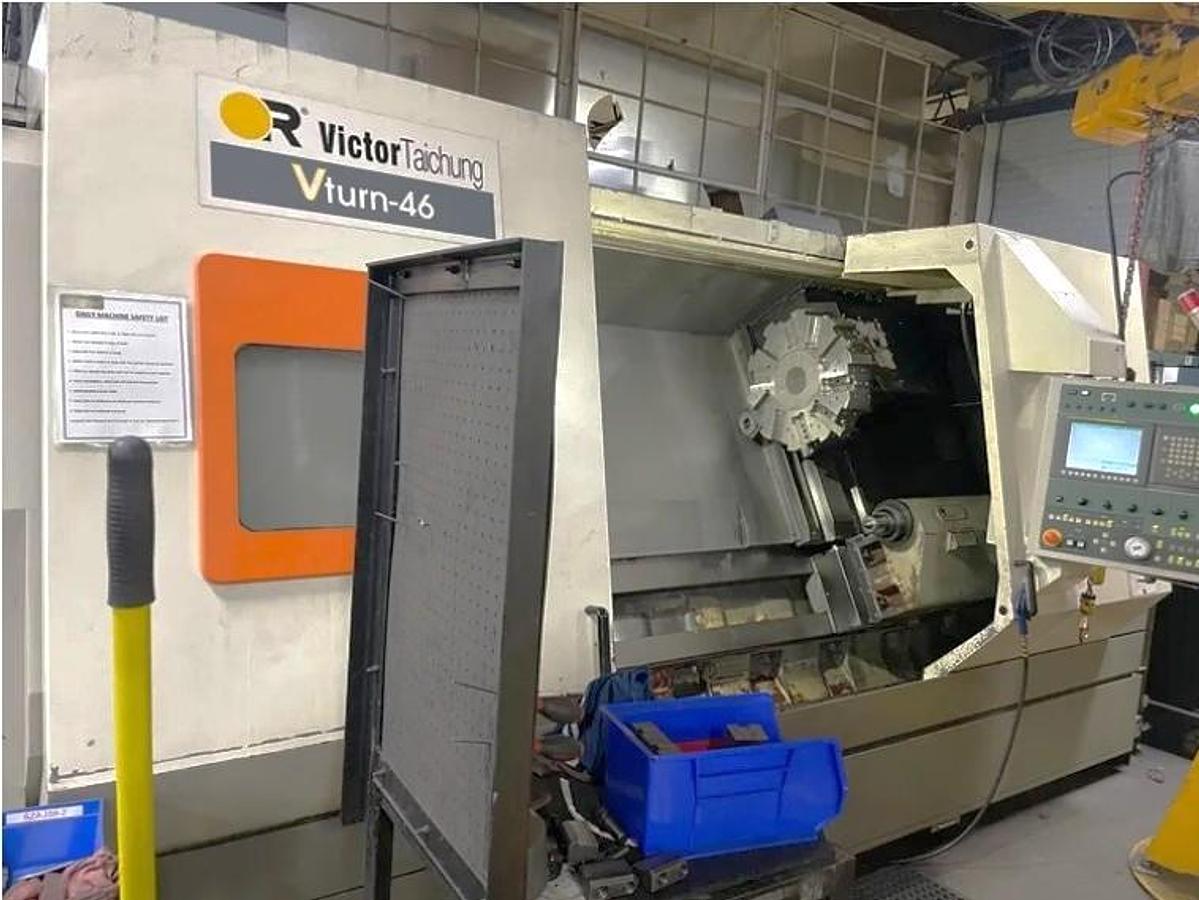 Used 2012 Victor Taichung VTurn 46 Heavy Duty CNC Lathe with 32" sw, 69" cc, 4.52" Bar Capacity, 68 HP, 15" Chuck, 4 Spd Gearbox