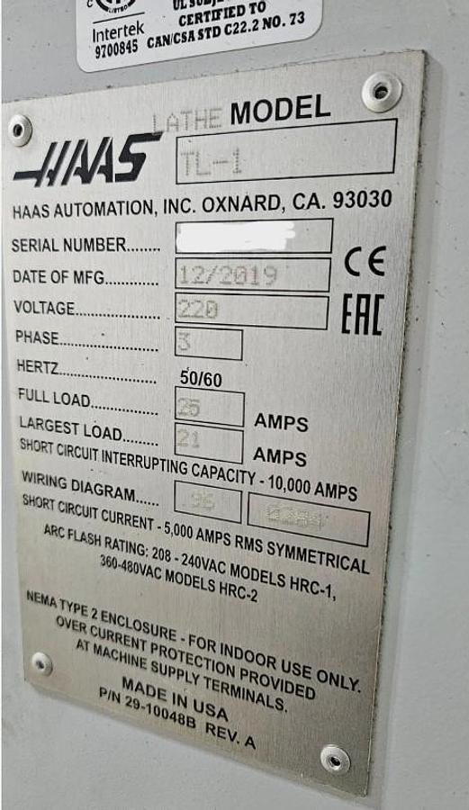 Used 2019 Haas TL-1 Chucker with 4 Station Turret, Coolant System, Haas Visual Part Prog. System, 8" Chuck, Manual Pulse Generator