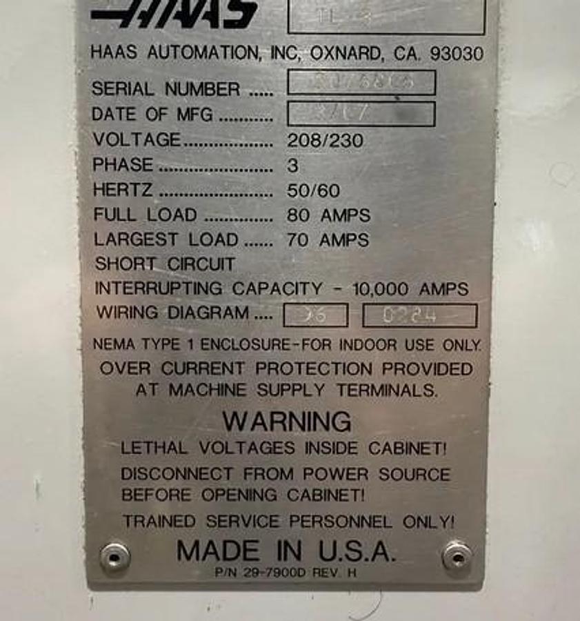 Used 2007 Haas TL-3 Rigid Tapping, Quick Code, Intuitive Programming, Wired for Brushless Barfeed, 12" 6-Jaw Manual Chuck