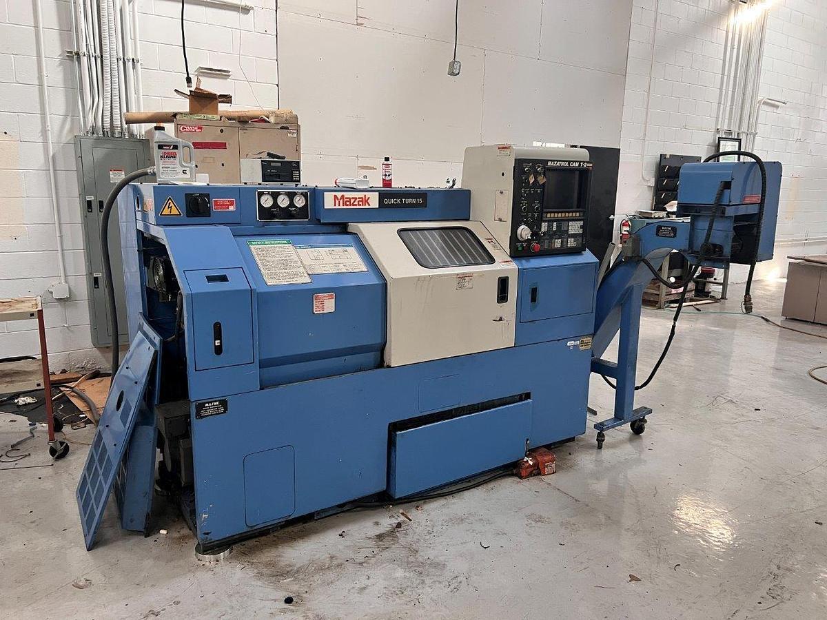 Used 1988 Mazak QT15 Universal with Mazatrol T-2 Control, 8" Chuck, 2" Bar Capacity, Chip Conveyor, Tool Presetter, Tailstock