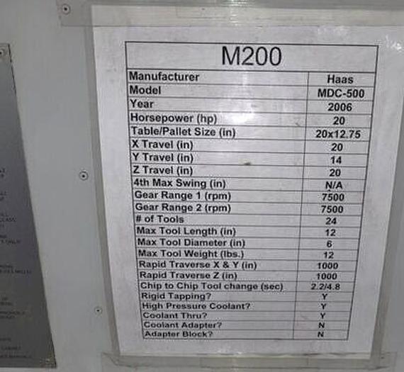 Used 2006 Haas MDC-500 Mill Drill Center with 2 Pallet Changer, Coolant Through Spindle, Chip Auger