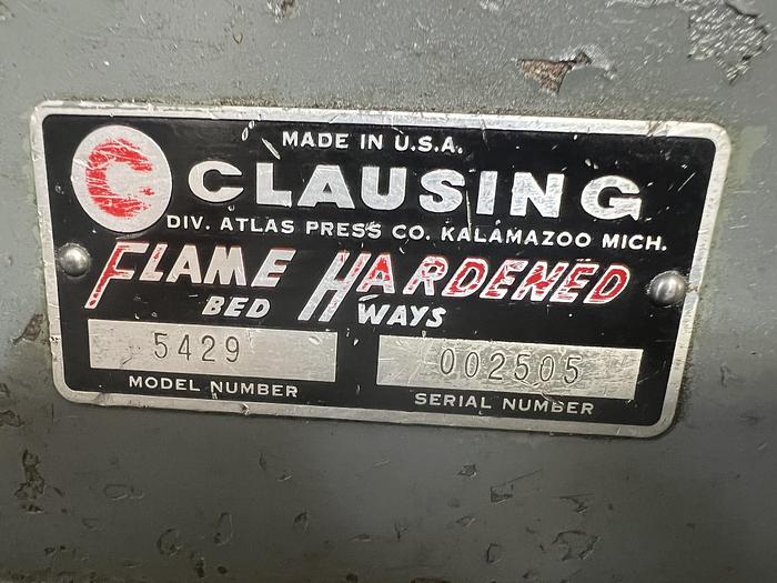 Used 1997 Clausing 5429 Engine Lathe 13" x 35" Capability, Steady Rest, Tailstock, 6" Chuck, Pedestal Cabinet Mount