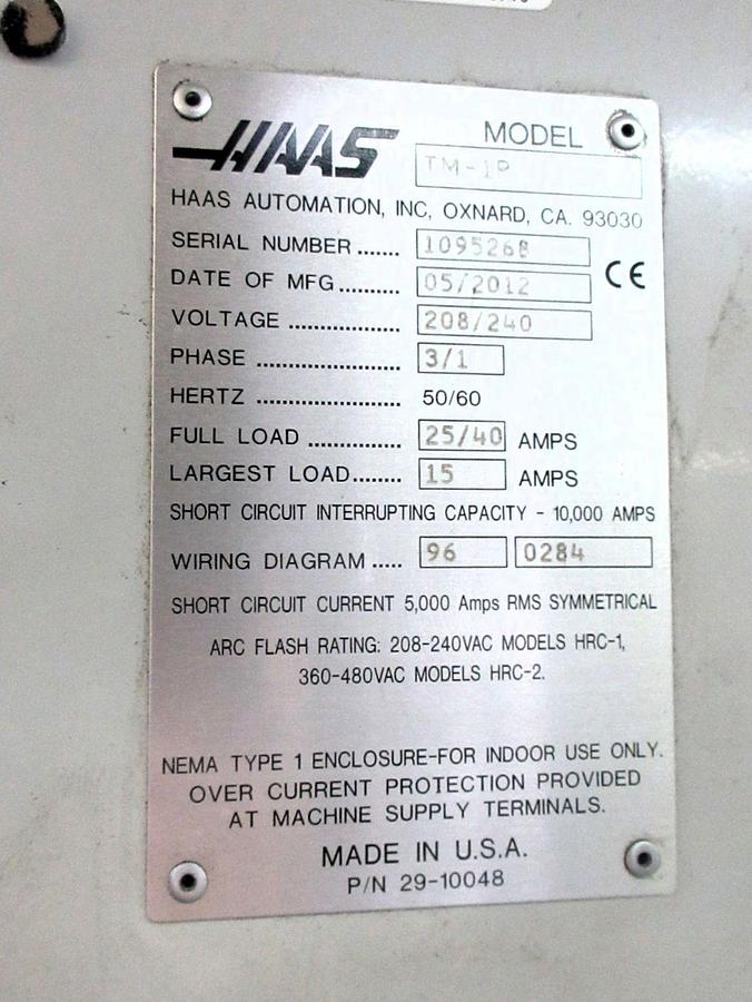 Used 2012 Haas TM-1P with Programmable Coolant, 10 Station ATC, 6000 RPM, CAT 40, Single or Three Phase Power