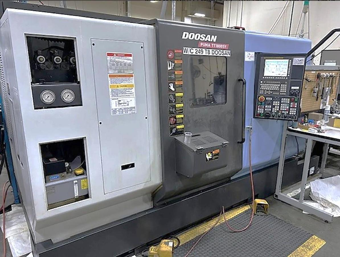 Used 2013 Doosan Puma TT1800SY Twin Spindle/Twin Turret, Y Axis Mill Turn Lathe, LNS Alpha SL65S Bar Feed, Chip Blaster, 4782 hrs.