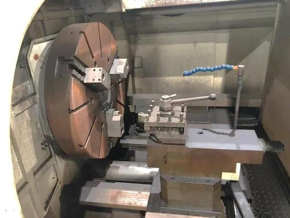 Used Hwacheon Mega T130 CNC T-Lathe with 51.18" Swing, 35.83" Max Cut Diam., 400 RPM, 6.1" Bore, 50" Chuck, 12 Station Turret, Fanuc