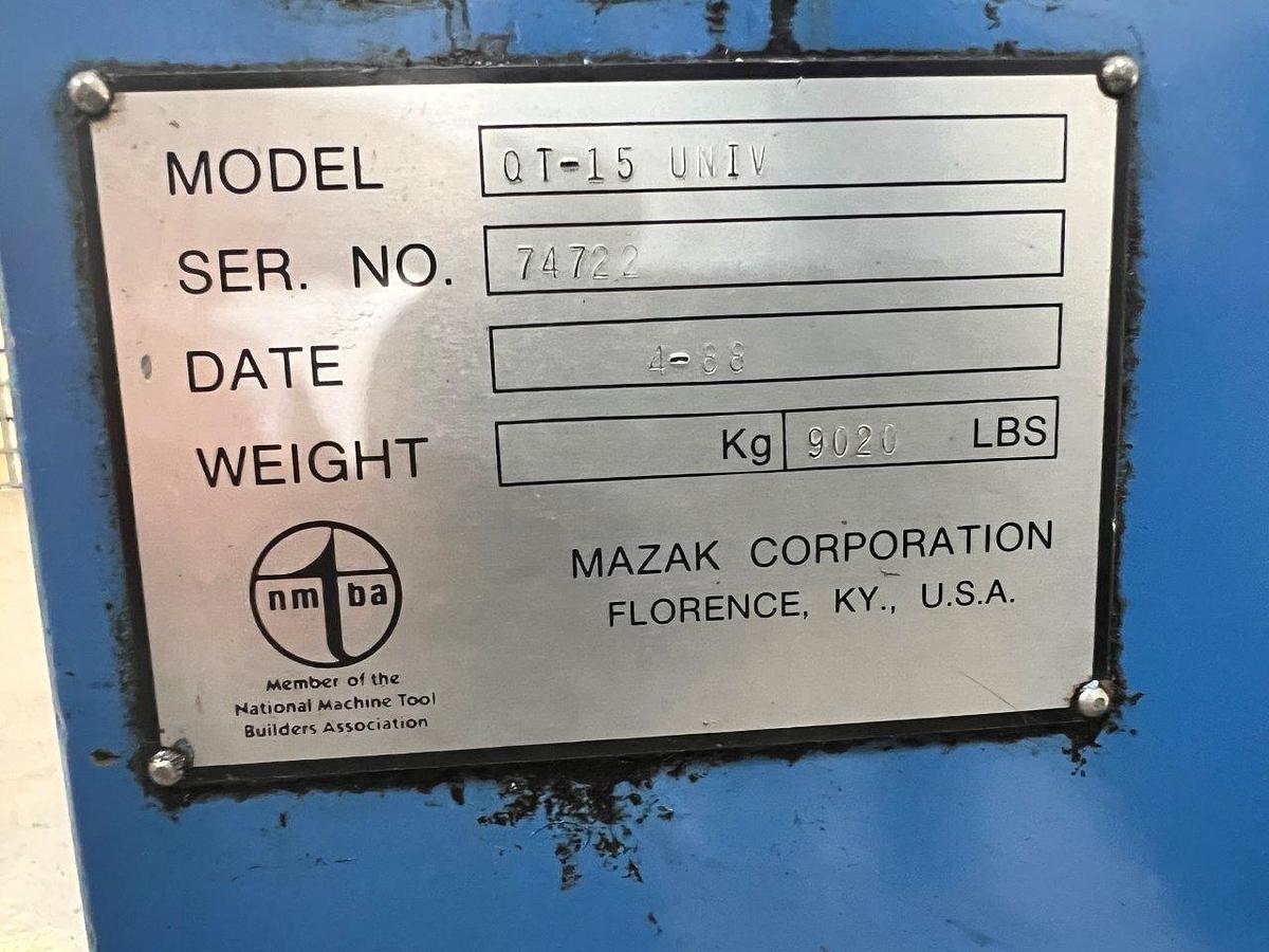 Used 1988 Mazak QT15 Universal with Mazatrol T-2 Control, 8" Chuck, 2" Bar Capacity, Chip Conveyor, Tool Presetter, Tailstock