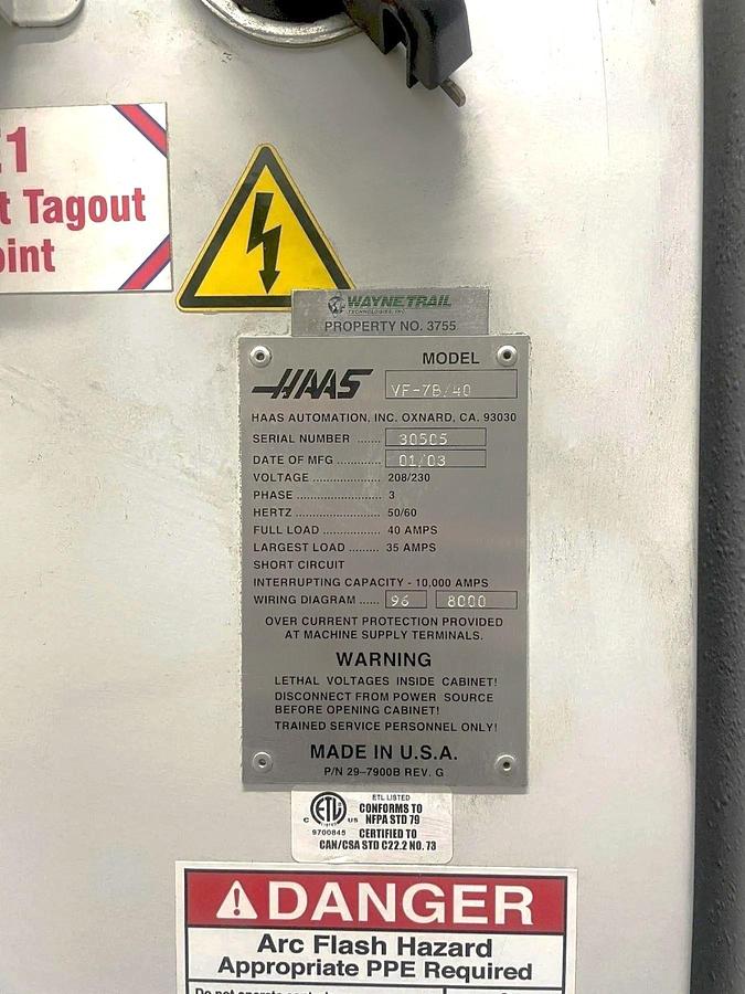 Used 2003 Haas VF-7B/40, 24 Station Side Mounted ATC, High Speed Machining, Prog. Coolant, 7500 RPM, Chip Auger, Quick Code