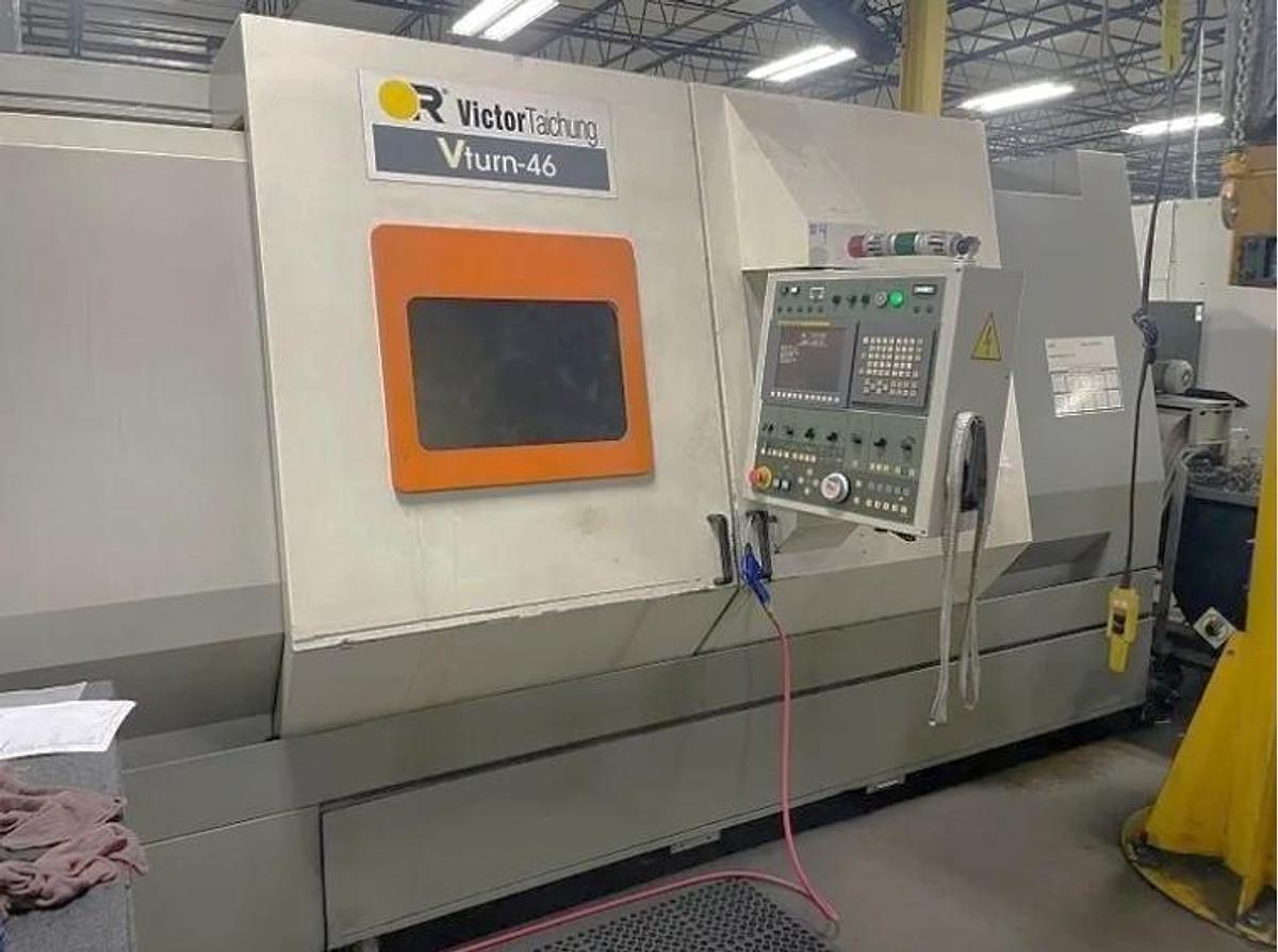 Used 2012 Victor Taichung VTurn 46 Heavy Duty CNC Lathe with 32" sw, 69" cc, 4.52" Bar Capacity, 68 HP, 15" Chuck, 4 Spd Gearbox