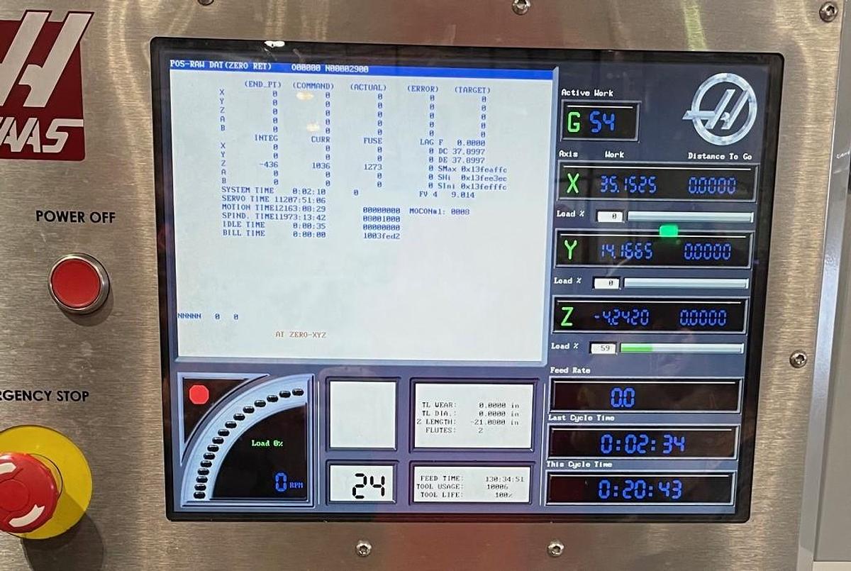 Used 2007 Haas VF4B with 4th Axis Drive, 24 Pos. Side Mounted ATC, 10,000 RPM, 2 Spd Gearbox, Pcool, Chip Auger, Nice Shape