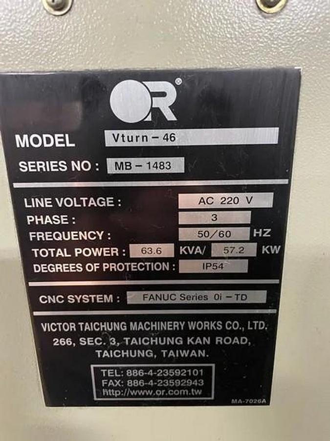 Used 2012 Victor Taichung VTurn 46 Heavy Duty CNC Lathe with 32" sw, 69" cc, 4.52" Bar Capacity, 68 HP, 15" Chuck, 4 Spd Gearbox