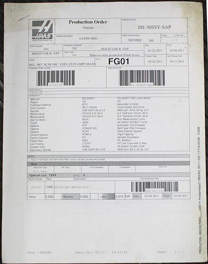 Used 2011 Haas DS-30SSY w/Barfeed