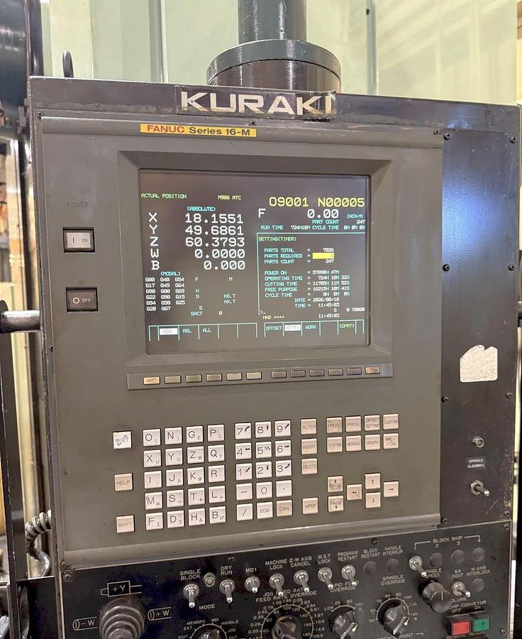 Used 1999 Kuraki KBT-11WA CNC Table Type Horizontal Boring Mill with Full 4th Axis Table, 40 Station ATC, Fanuc 16M, 63"x55" Table, Conveyor