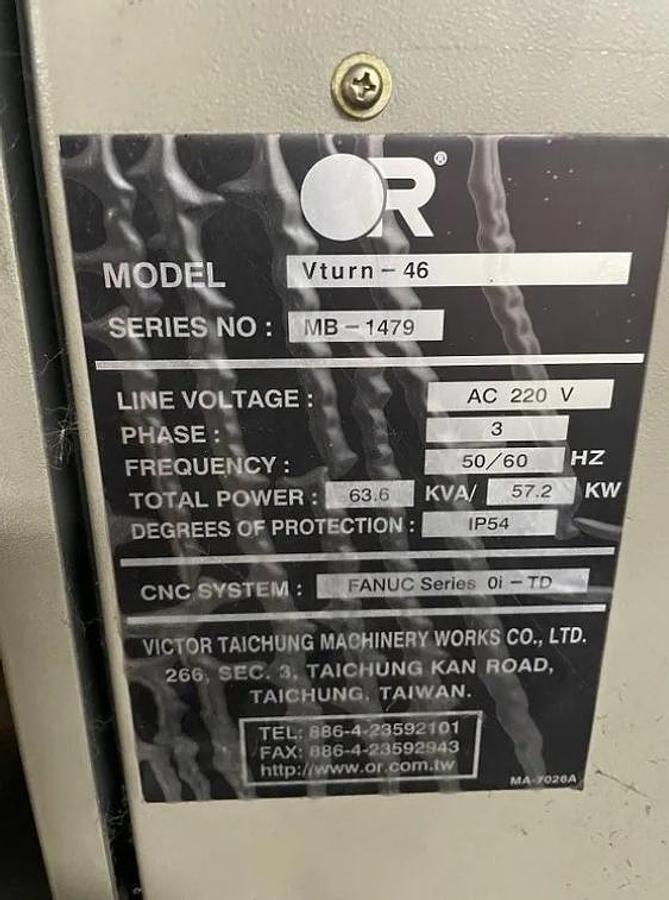 Used 2012 Victor Taichung VTurn 46 Heavy Duty CNC Lathe with 32" sw, 69" cc, 4.52" Bar Capacity, 68 HP, 15" Chuck, 4 Spd Gearbox