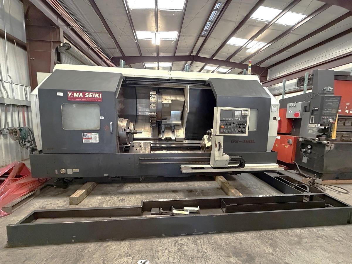 Used 2004 Yama Seiki GS-460L Heavy Duty Lathe with 24" SMW Air Chuck, 8" Bar Cap, 29" sw, 79" cc, 60 HP, Steady Rest, Chip Conveyor