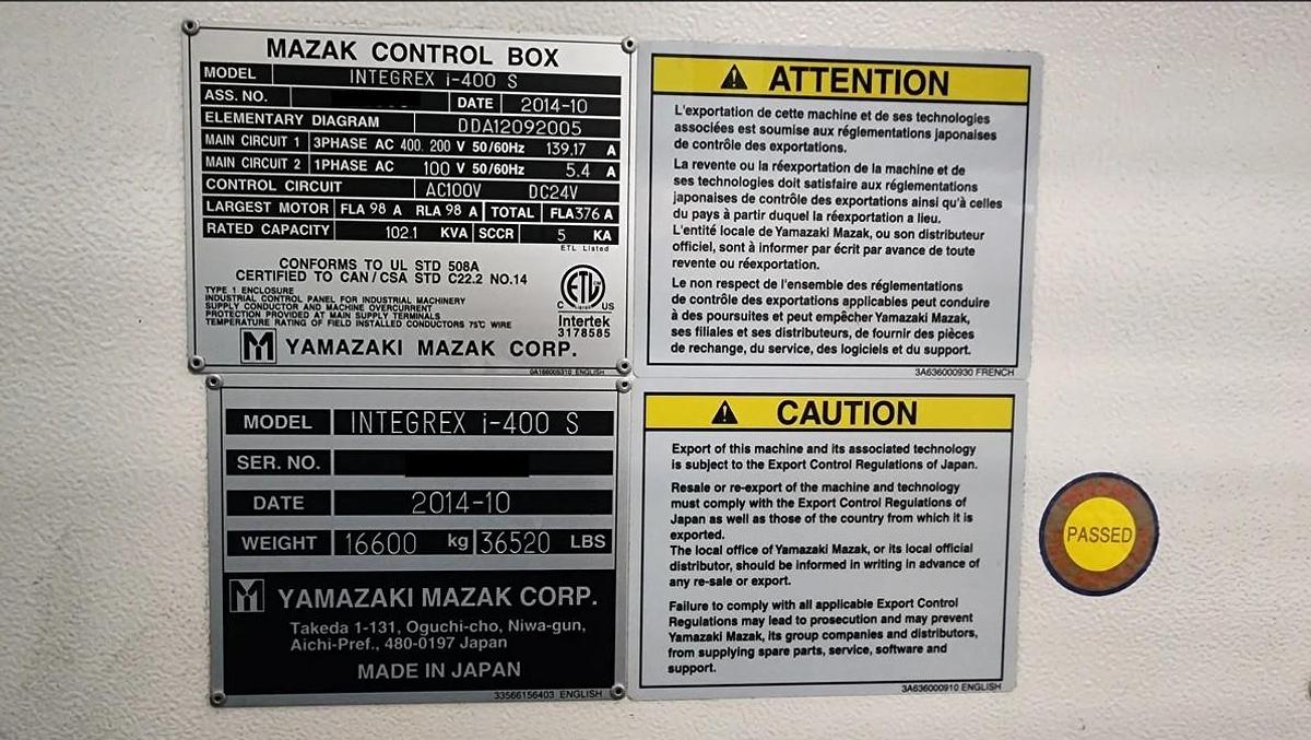 Used 2014 Mazak Integrex i-400S Mill Turn Center with Live Tooling, Y Axis, Subspindle, 60" Centers, 4" Bar Capacity