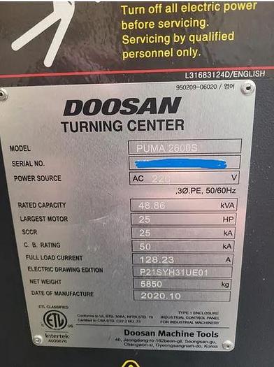 Used 2020 Doosan Puma 2600S Lathe with Subspindle