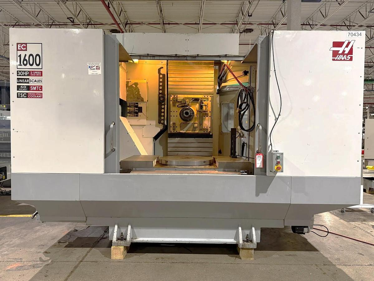 Used 26 Haas EC-1600-4X with 5 Axis Capability, Built In 4th Table, Removable 5th Axis Rotary Table, 50 ATC, Probing, Cool. Thru Spindle