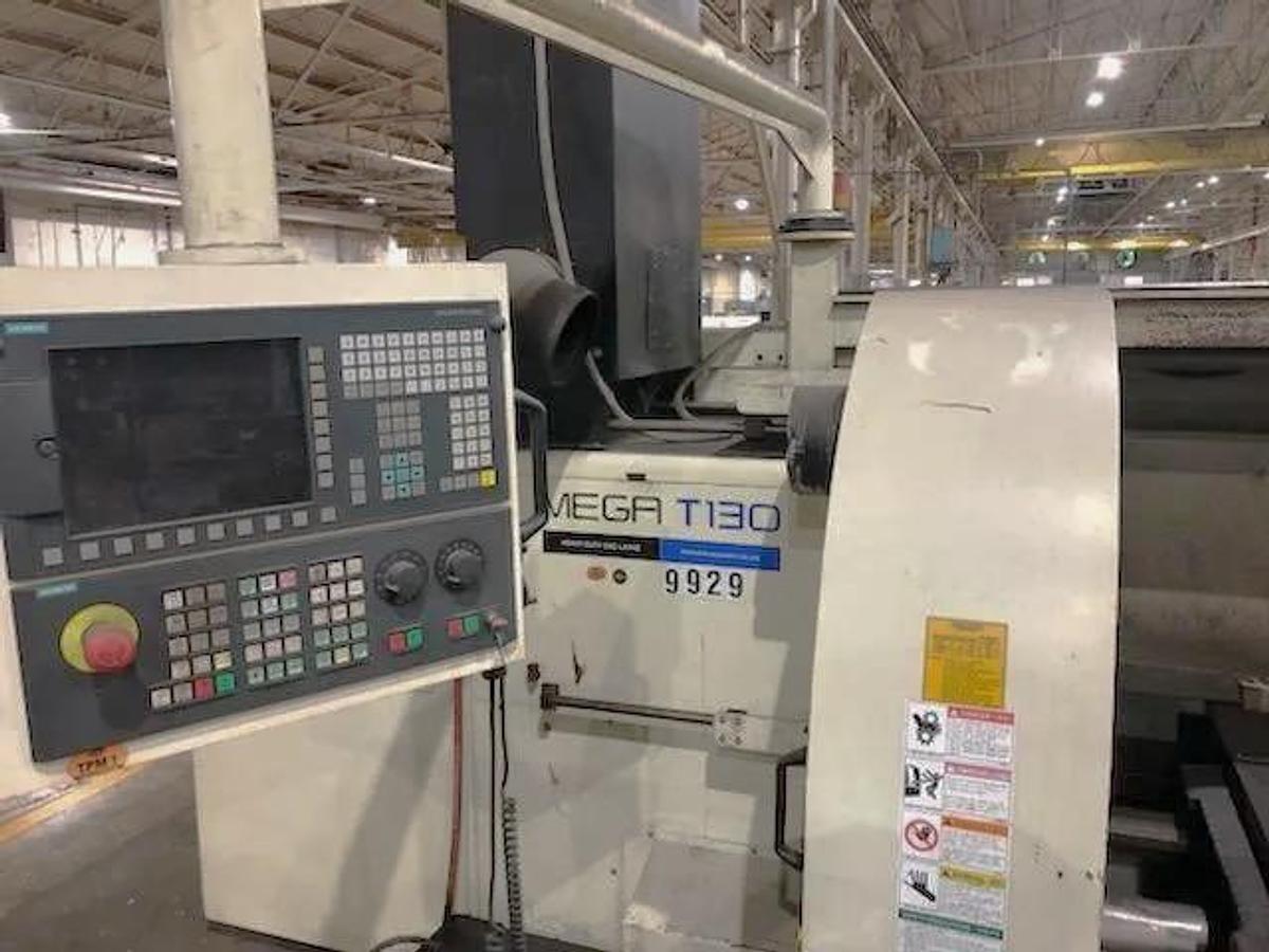 Used Hwacheon Mega T130 CNC T-Lathe with 51.18" Swing, 35.83" Max Cut Diam., 400 RPM, 6.1" Bore, 50" Chuck, 12 Station Turret, Fanuc