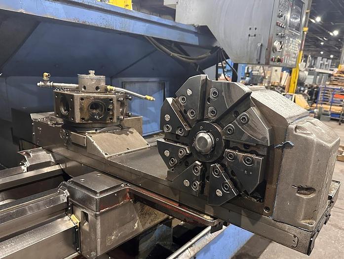 Used 1996 Mazak M5N/2000 with Mazatrol T-Plus Control, 18" Hydraulic Chuck, Chip Conveyor, 80" Centers