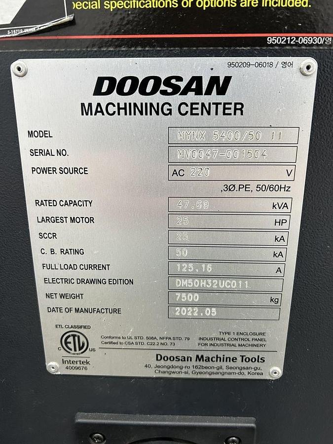 Used 2022 DN Solutions Mynx 5400/50 II with 4th Axis Drive, CAT50 Big Plus Spindle, Chip Conveyor, Mist Collector, Conversational