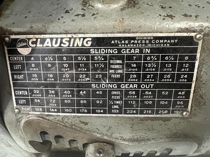Used 1997 Clausing 5429 Engine Lathe 13" x 35" Capability, Steady Rest, Tailstock, 6" Chuck, Pedestal Cabinet Mount
