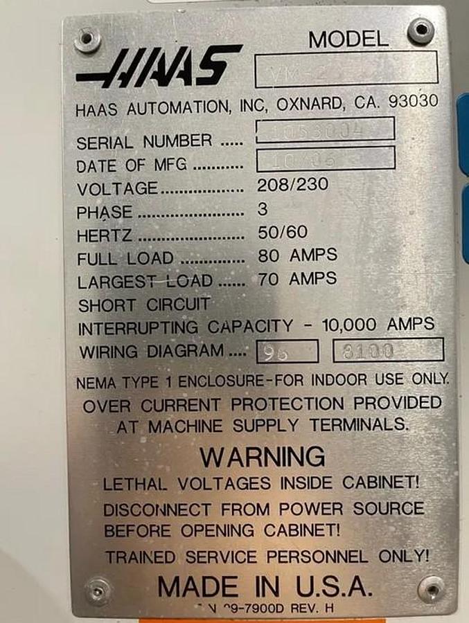 Used 2006 Haas VM-2 with Haas HRT210 4th Axis Table, Prog. Coolant, Remote Jog Handle, 24 Station Side Mount ATC, High Spd Machining