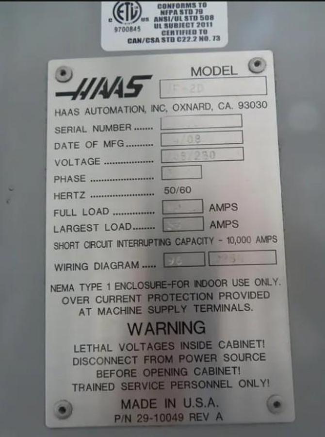 Used 2008 Haas VF2D with 10,000 RPM, Chip Auger, Programmable Coolant Nozzle, USB Port, 9734 Spindle Hours