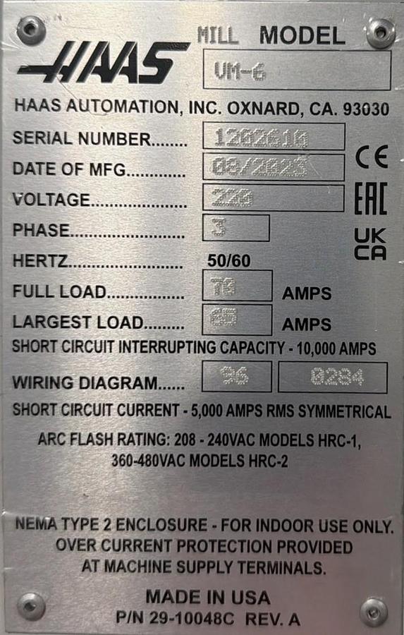 Used 2023 Haas VM-6 with 15,000 RPM, 30 Station Side Mount ATC, Haas Probing, PCool, Chip Auger