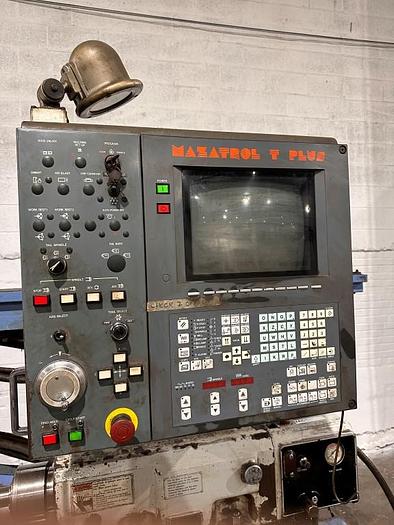 Used 1996 Mazak M5N/2000 with Mazatrol T-Plus Control, 18" Hydraulic Chuck, Chip Conveyor, 80" Centers