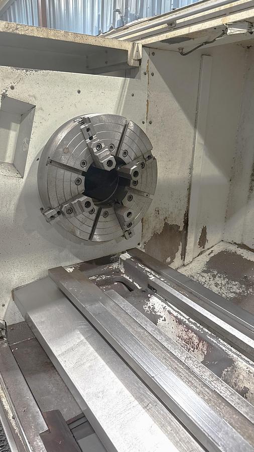 Used 2007 Challenger SL350 Hollow Spindle CNC Lathe, 10.25" Bar Cap., (2) 25" 4 Jaw Man. Chks, Steady Rests, Tailstock, 120" cc