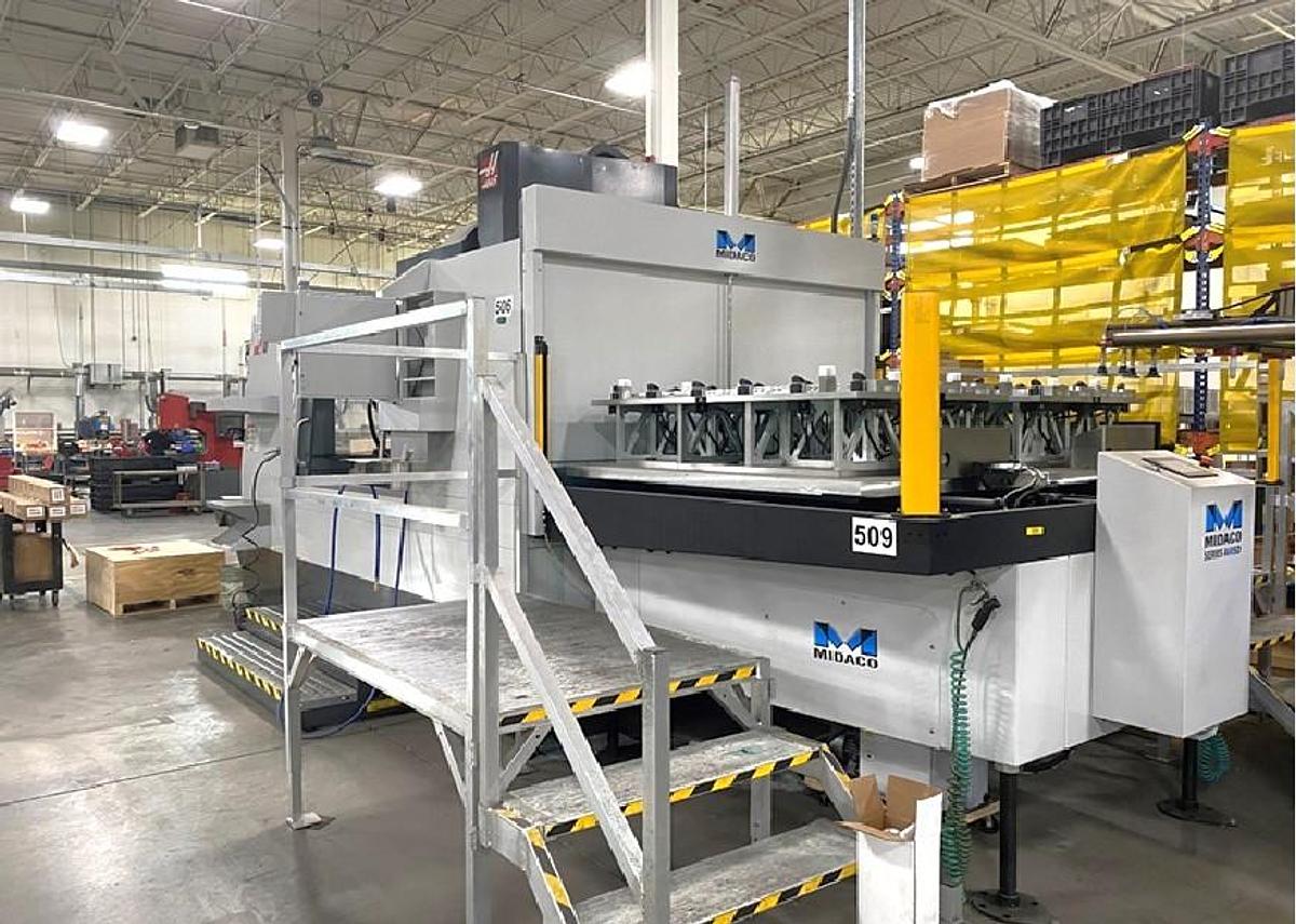 Used 2023 Haas VF8/40 w/ Midaco Pallet Changer, Hydr. Clamping, Extended Z Axis, Probing, 10,000 RPM, Prep for Coolant Thru Spindle